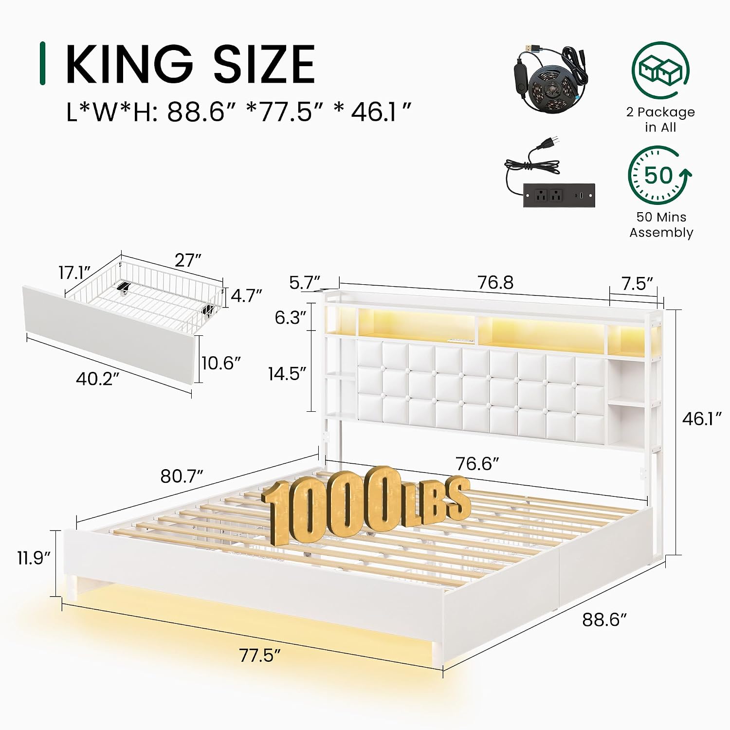 King Size Bed Frame With Storage Drawers - Estructura de cama de madera tamaño