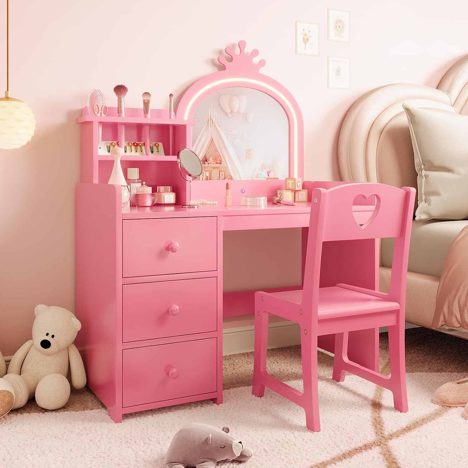 Dressing Table Vanity With Lighted Mirror - Tocador infantil con espejo iluminado, set