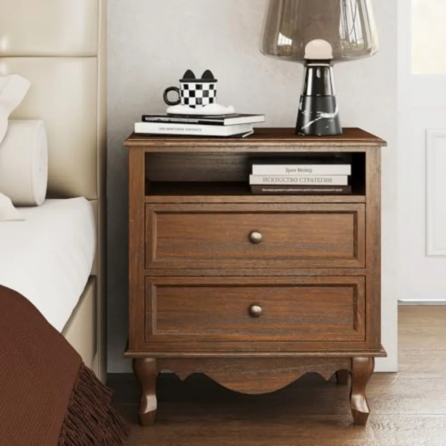 Solid Wood Nightstand 2 Drawers - Mesita de noche de madera maciza,