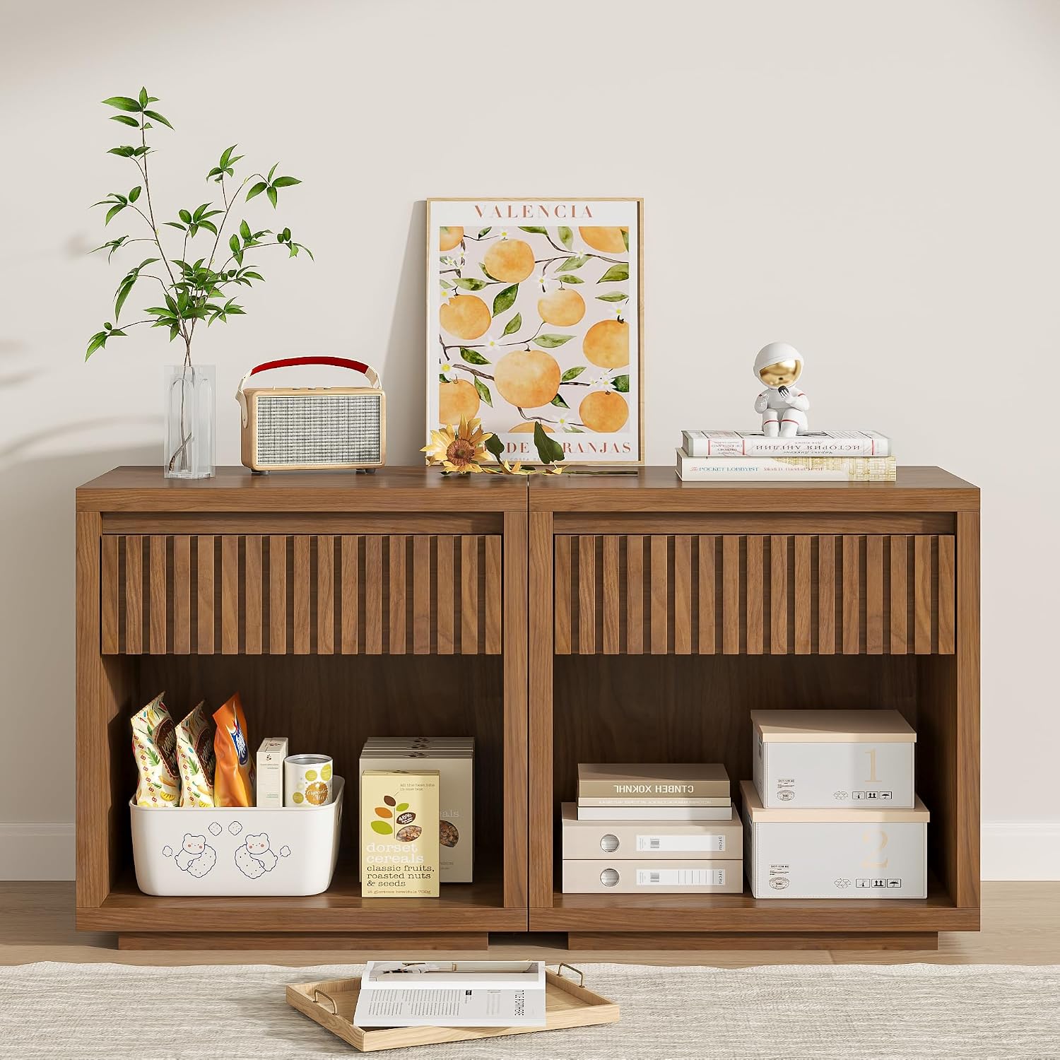 Solid Wood Nightstand 2 Drawers - Juego de 2 mesitas de noche