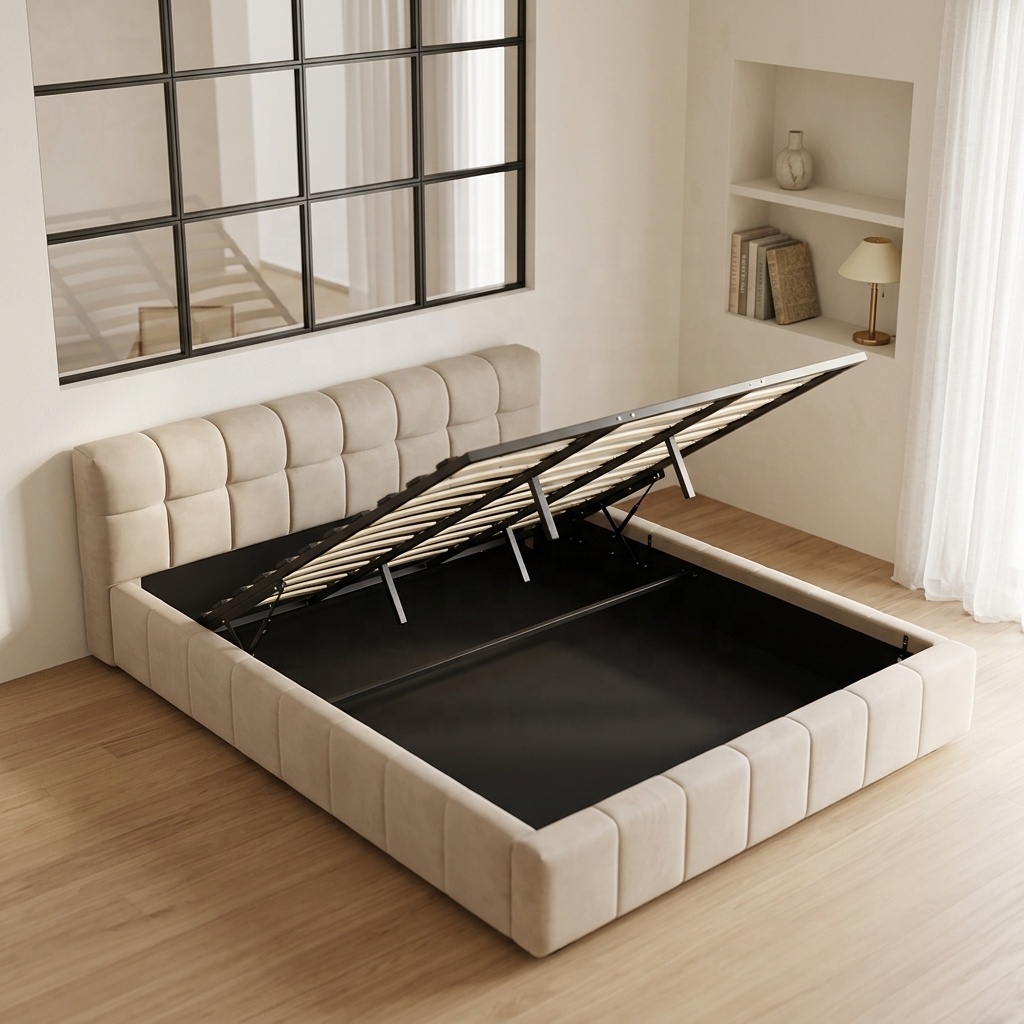 Gas Lift Storage Bed Hydraulic - Cama Moderna Acolchada con Almacenamiento, Elevación